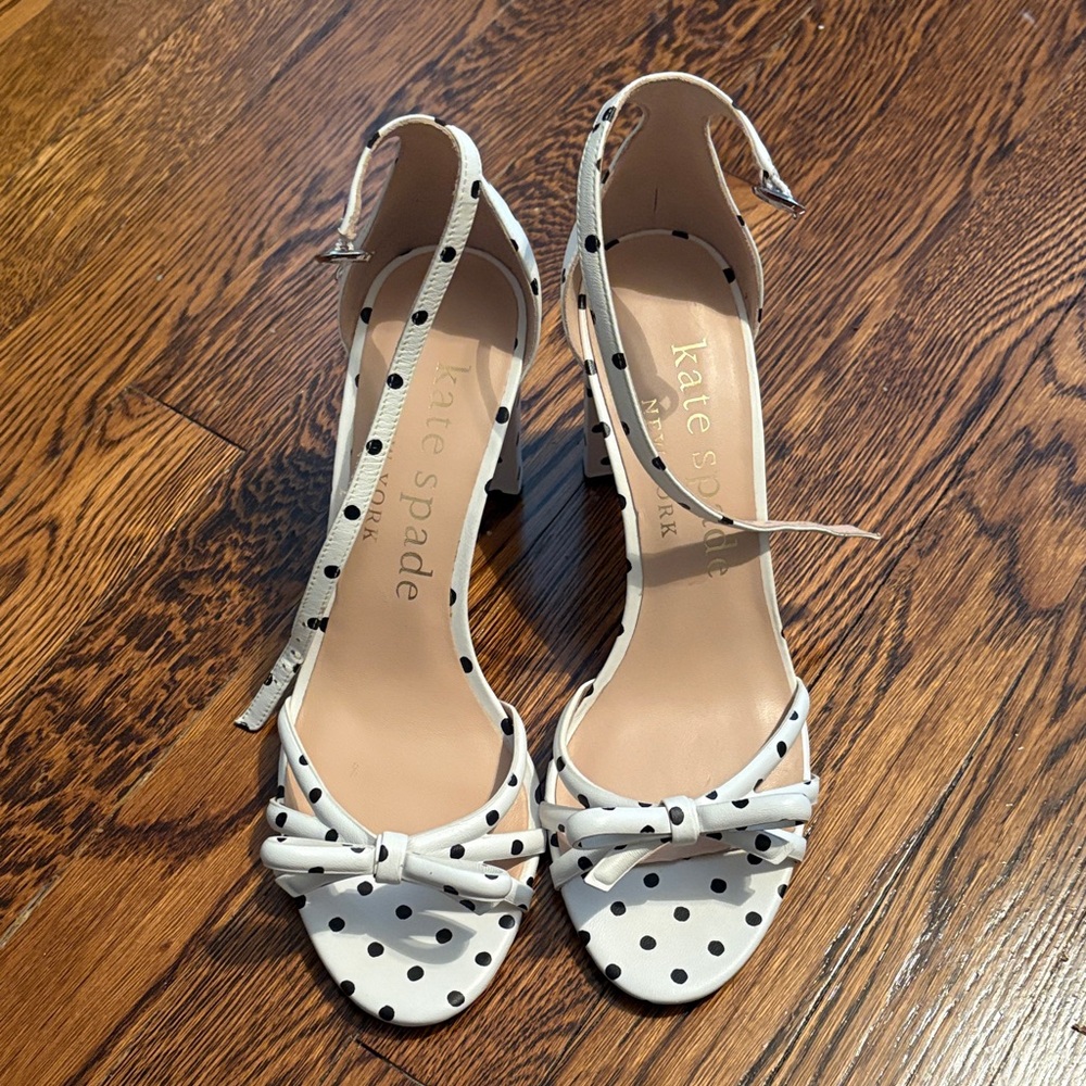 kate spade White with Black Polka Dot Bow Sandals with Block Heel